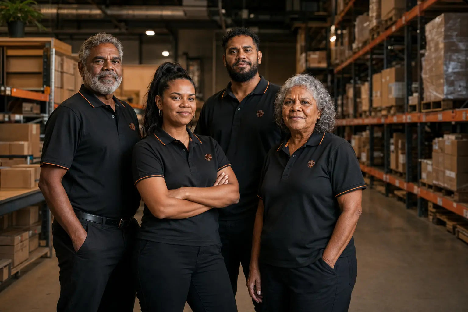 An experienced Aboriginal procurement team working together in a warehouse