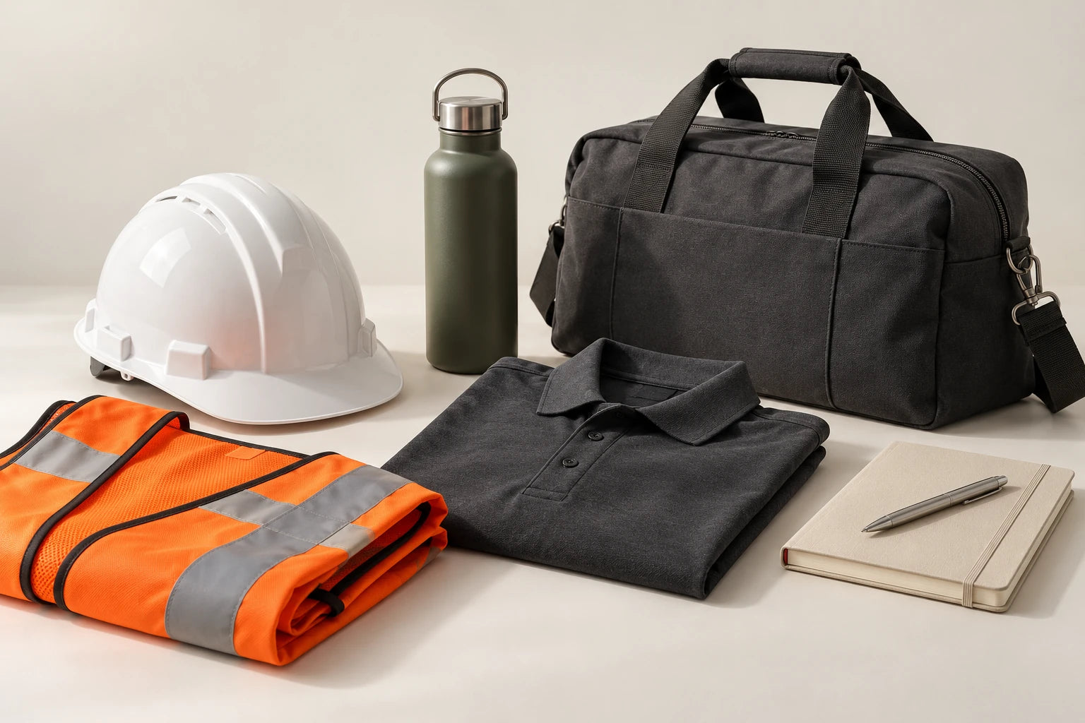 An illustrative selection of workwear, safety equipment and merchandise ready for custom branding